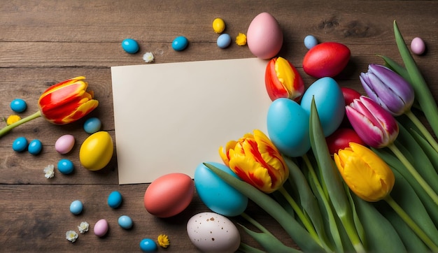 Una naturaleza muerta que representa una feliz Pascua en casa con flores de primavera tulipanes y huevos coloridos y un lugar para el texto