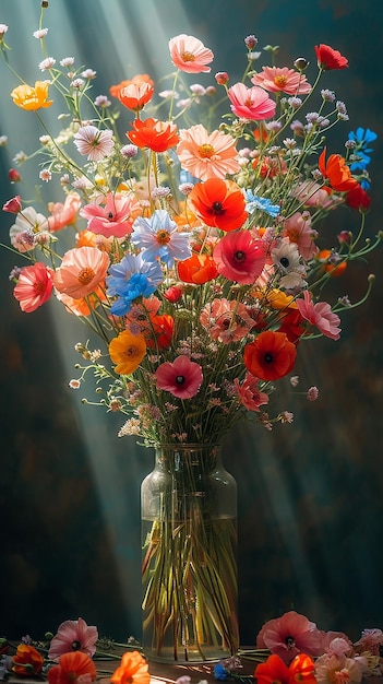 Naturaleza muerta con un ramo de flores en un jarrón.