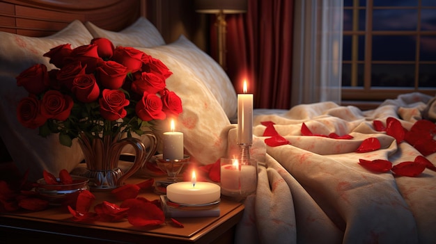 Naturaleza muerta romántica con rosas rojas y velas en la habitación Ai Generado