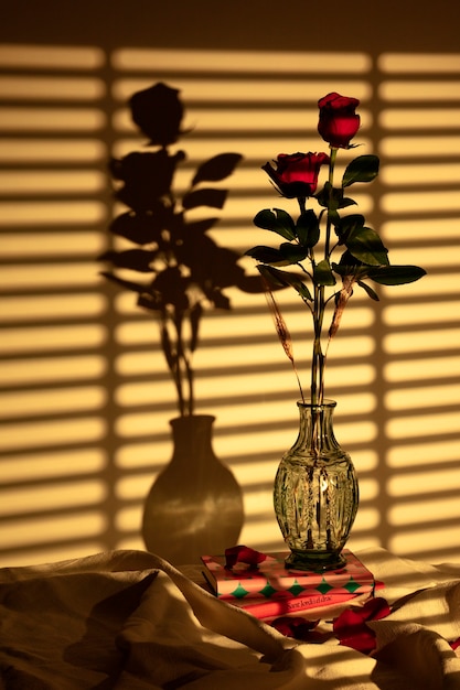 Foto naturaleza muerta de sant jordi para el día de los libros y las rosas