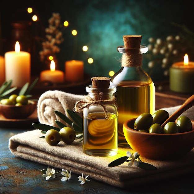 Naturaleza muerta de spa con aceite esencial en una botella de aceite de oliva y aceite de olivo de oliva en una botela de vidrio