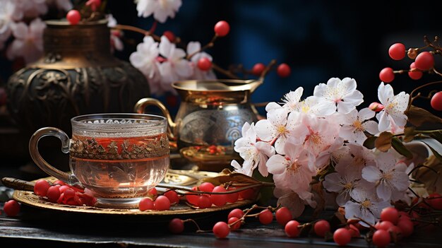 naturaleza muerta con té y flores