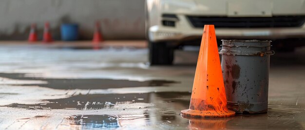 Naturaleza muerta urbana aceite gris cono naranja y un coche blanco