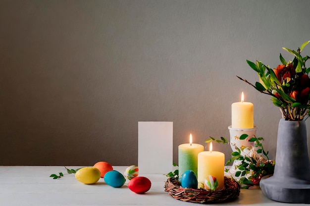 Foto naturaleza muerta con velas y huevos de pascua para la pascua