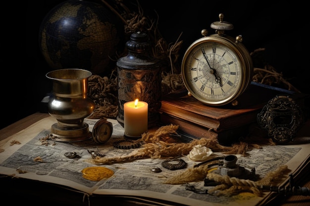 Foto naturaleza muerta vintage con viejos libros reloj brújula y vela en fondo oscuro naturaleza muerta vintage con brújula mapa viejo y otros objetos generados por ia