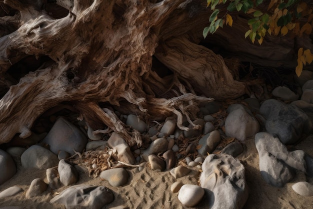 La naturaleza muestra texturas variadas, piedras ásperas bordeadas de árboles y arena formando dunas generativas IA