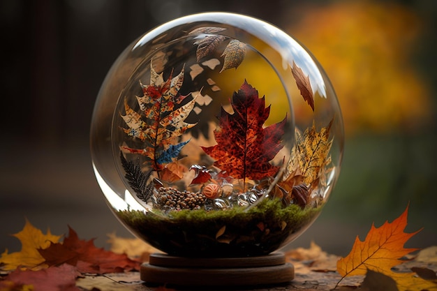 Naturaleza otoño árbol hojas cristal contenido bola de cristal imagen AI imagen generada