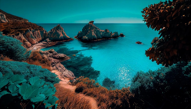 Foto naturaleza paisaje descanso horizonte azul fusión de cielo despejado y mar turquesa escape al mar costa clara generativo ai