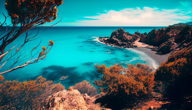 Naturaleza paisaje descanso horizonte azul fusión de cielo despejado y mar turquesa Escape al mar costa clara Generativo Ai