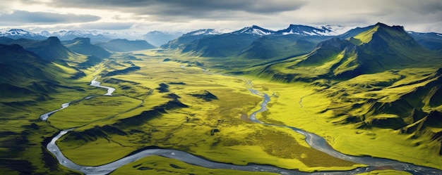 Naturaleza paisaje panorama montañas valles islandeses con un río Generativo ai