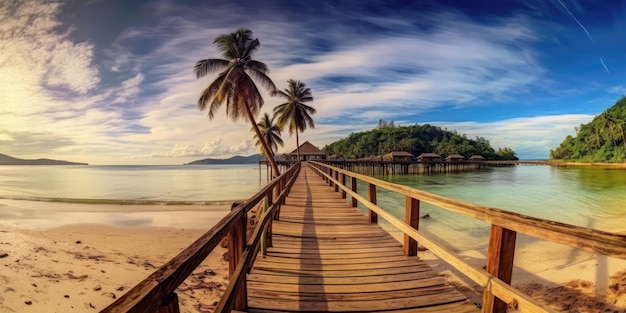 Naturaleza paisaje panorámico increíble panorama playa tropical de arena con silueta de palma de coco en el mar cristalino y paisaje puente de madera fuera del horizonte palma y playa tropical