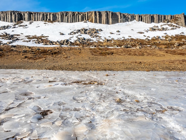 Naturaleza de la pared de la columna de Gerduberg de la estructura del fenómeno de la piedra de basalto en Islandia