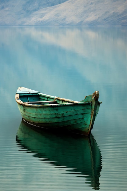 La naturaleza rústica del lago, el papel tapiz del barco, el reflejo del agua, el barco vacío.