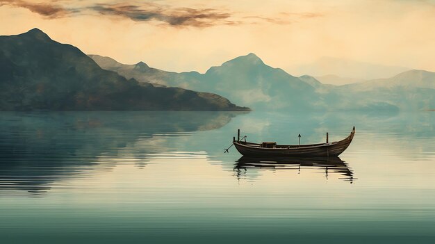 La naturaleza rústica del lago, el papel tapiz del barco, el reflejo del agua, el barco vacío.