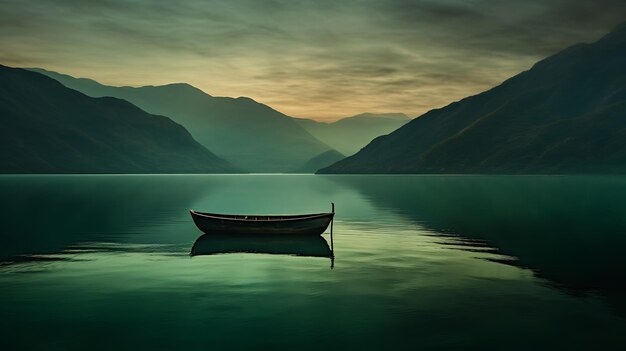 La naturaleza rústica del lago, el papel tapiz del barco, el reflejo del agua, el barco vacío.