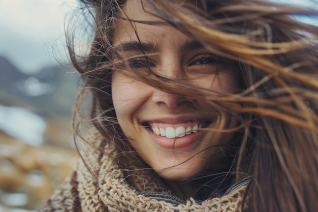 Foto la naturaleza sonríe mujer despreocupada riendo con el cabello volador en el paisaje de la montaña ventosa