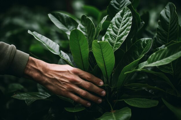 Foto la naturaleza toca la imagen cautivadora de la mano acariciando las hojas verdes exuberantes ar 32 fotografía