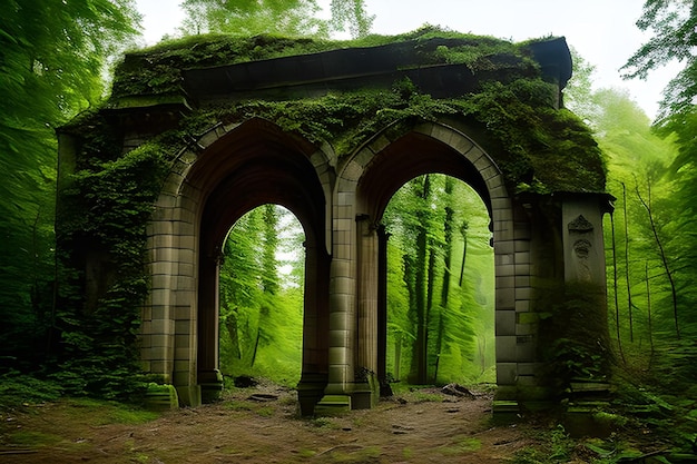 La naturaleza verde incluye montañas, fortalezas antiguas, árboles verdes y puertas antiguas.