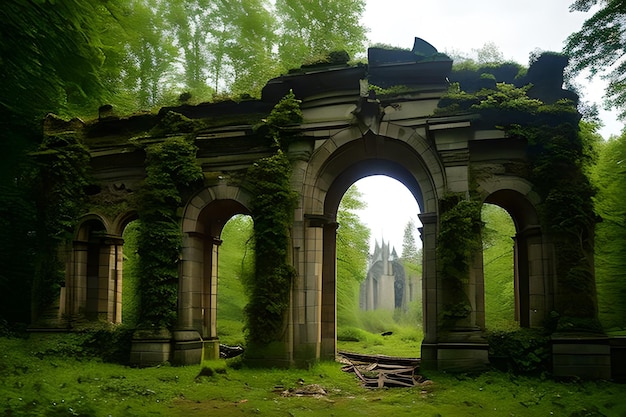 La naturaleza verde incluye montañas, fortalezas antiguas, árboles verdes y puertas antiguas.