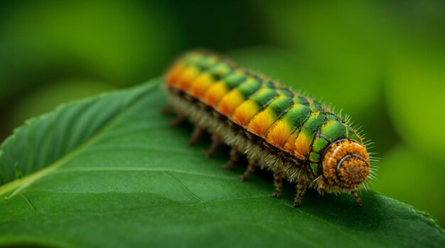 La naturaleza vibrante Un primer plano de una oruga en una hoja verde