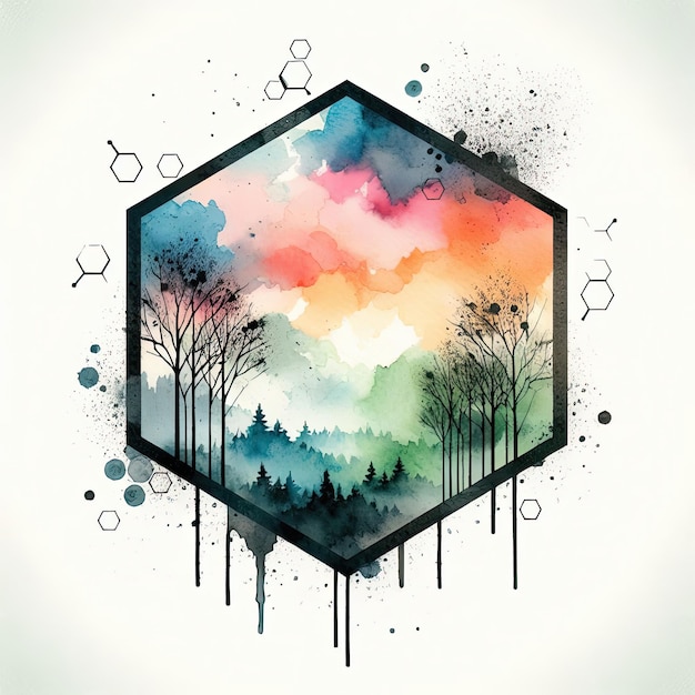 Naturalezas Simetría Ilustración en acuarela con árboles hexagonales