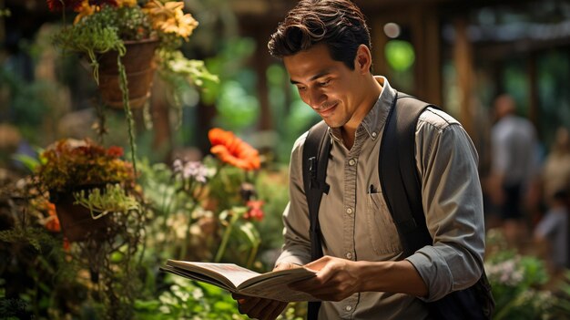 Foto un naturalista saluda con entusiasmo a los invitados en la puerta de un verde jardín botánico mostrándoles las maravillas de las plantas y los animales.