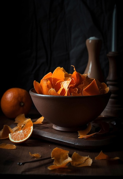 Nature morte con naranjas peladas en un tazón sobre fondo oscuro ilustraciones generadas