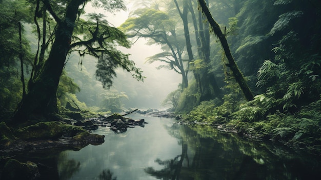Nature's Serenity Um rio majestoso que flui através de uma floresta exuberante com árvores imponentes e terreno rochoso Generativeai