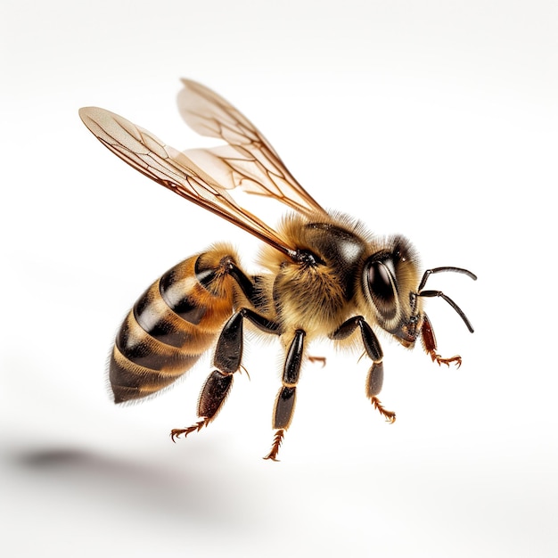Nature's Tiny Aviator Uma abelha capturada em um fundo branco Generative Ai