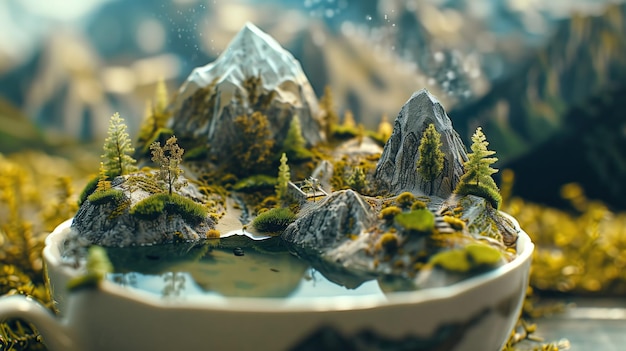 Nature39s Teacup Uma paisagem de montanha em miniatura caprichosa aninhada em uma xícara de chá paisagem em miniatura montanhas xícara de água natureza caprichosa vegetação criativa árvores água conceito de arte microcosmo