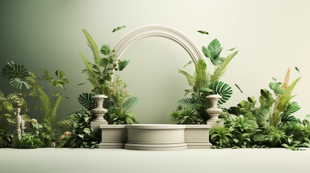 NatureInspired 3D Product Showcase Exibição horizontal vibrante com colunas vazias em meio a um verde exuberante