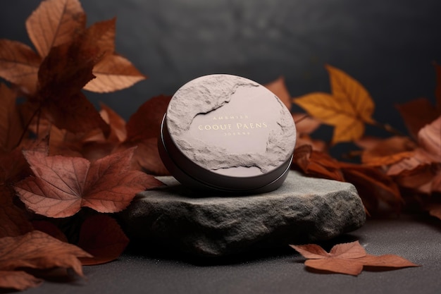 NatureInspired Beauty Stone Podium-Mockup mit trockenen Blättern für die Kosmetikproduktschau