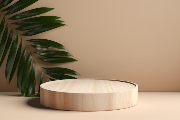 NatureInspired Elegance Un podio de madera creativo para exhibición de productos adornado con una luz sutil