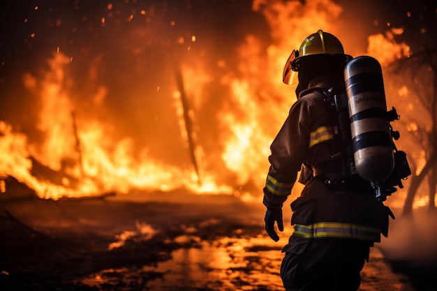 Naturen verteidigen Feuerwehrmann kämpft gegen eine Flamme in einem brennenden Wald