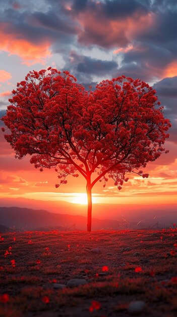 Natureza amor árvore em forma de coração vermelho vibrante definido contra o fundo do pôr-do-sol papel de parede móvel vertical