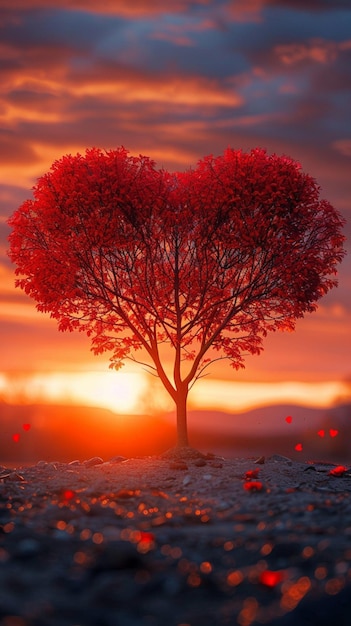 Natureza amor árvore em forma de coração vermelho vibrante definido contra o fundo do pôr-do-sol papel de parede móvel vertical