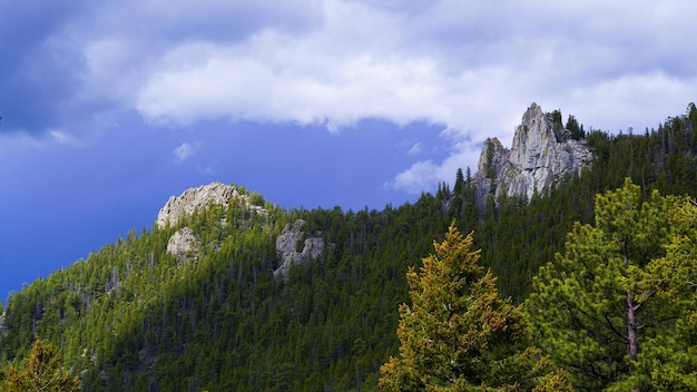 Natureza bela. Picos de montanha e floresta densa em um dia ensolarado.