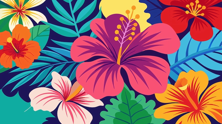 Foto natureza com um padrão de hibisco colorido em um estilo de desenho caprichoso e brincalhão com o exótico