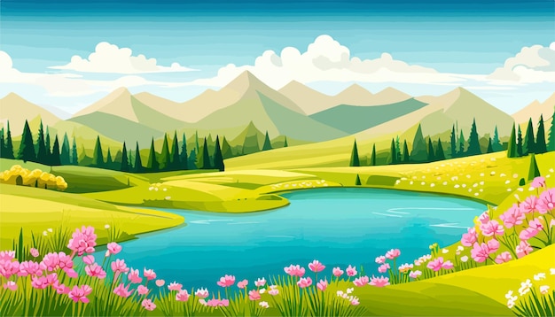 Natureza e paisagem vetor ilustração de árvores floresta montanhas flores plantas campo imagem para cartão postal de fundo ou capa fundo de temporada de primavera