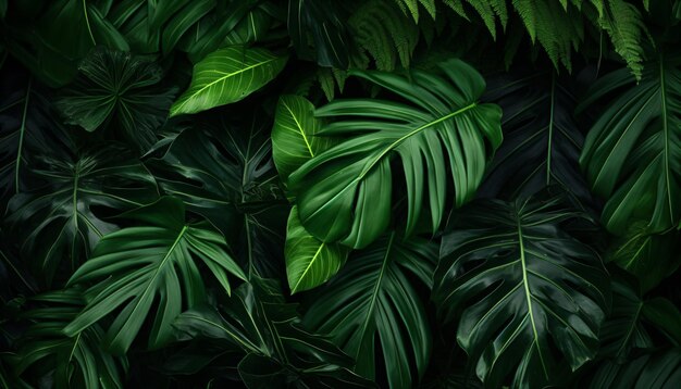 Natureza em close-up vista de folha verde e palmeiras fundo abstrato textura da folha verde natureza tom escuro