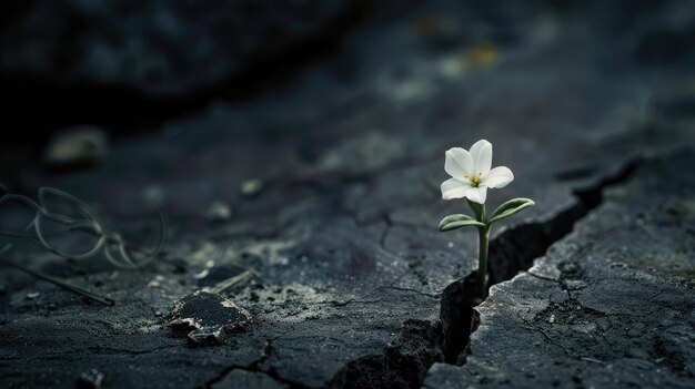 Natureza florescente Uma flor branca emerge de madeira rachada contra um fundo escuro