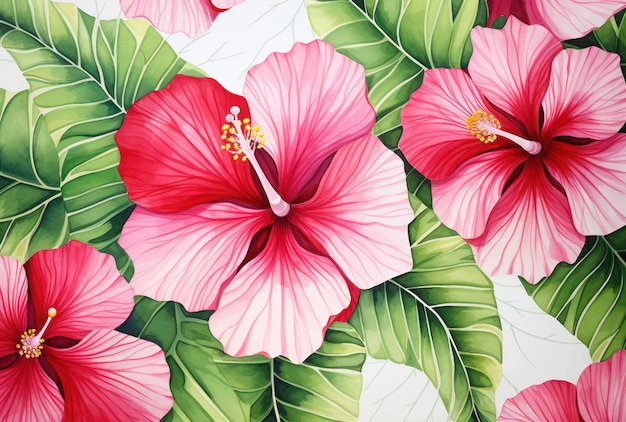 Natureza hibisco flor tropical de verão padrão exótico sem costura planta de fundo ilustração folhas de fundo floral