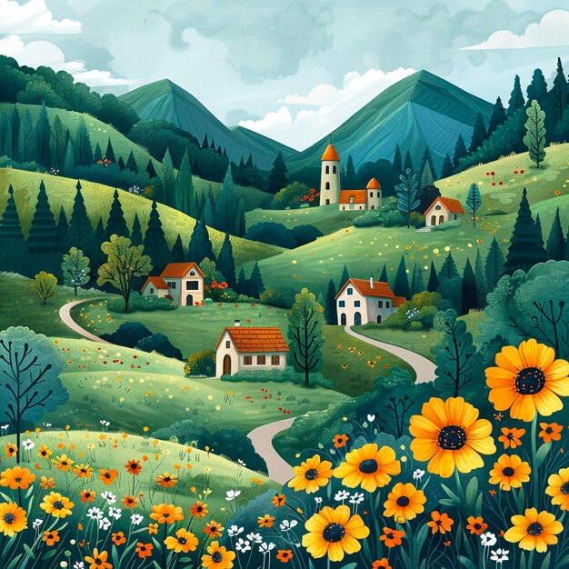 Natureza Ilustração bonita da paisagem aldeia campo prado campo de flores e montanhas