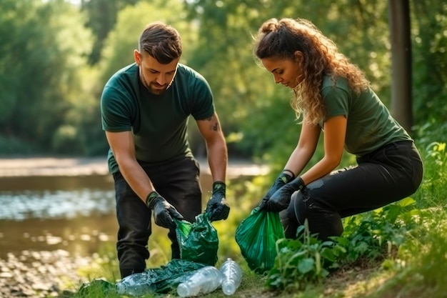 Foto natureza limpeza um casal um homem e uma mulher de amigos com sacos de lixo borrado