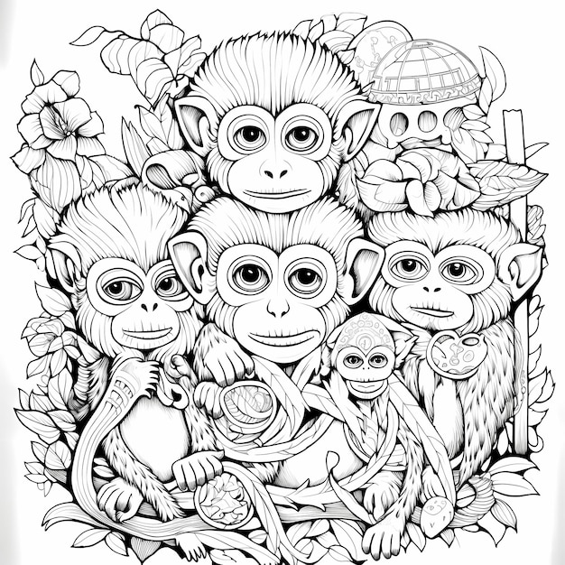Foto natureza monkey mandala página de colorir para crianças com baixos detalhes linhas grossas e sem cor