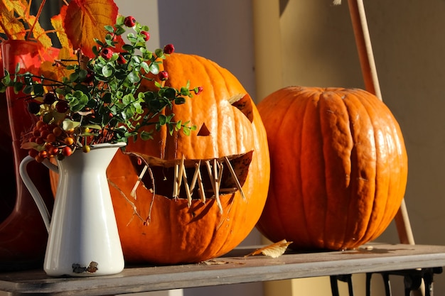 Foto natureza morta com abóbora de halloween em um parque de outono em frente a um café