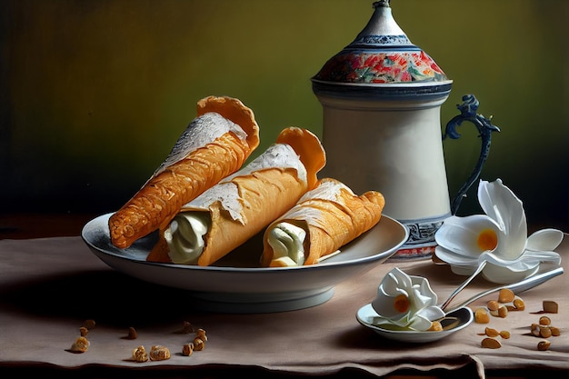 Natureza morta com Cannoli Recheio Cremoso Bolo De Queijo Vintage Pintura Abstrata Generativa Ilustração Ai