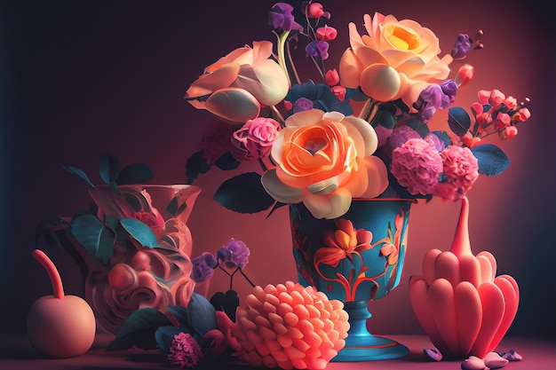 Natureza morta com flores em um vaso e objetos surreais com Generativ AI