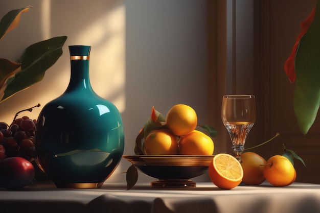 natureza morta com frutas e vidroainda vida com frutas e vidroilustração 3 d de uma taça de vinho e