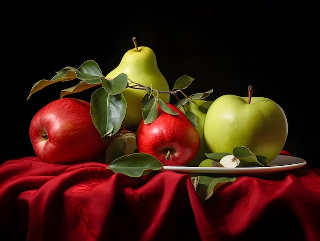 Natureza morta com maçãs e peras em um fundo de pano vermelho